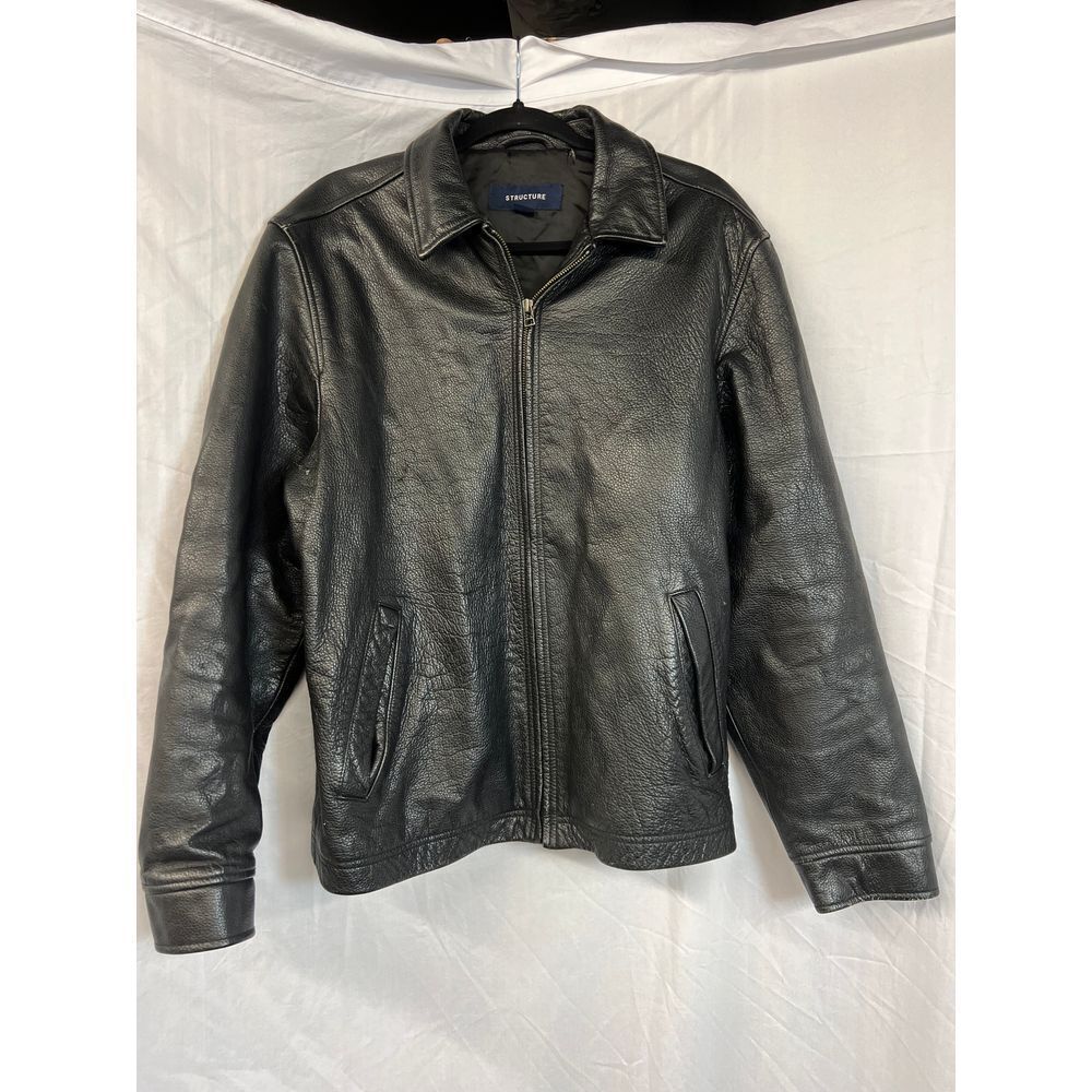 Structure Black Leather Jacket Classic Zip-Up Biker Style Y2K Vintage